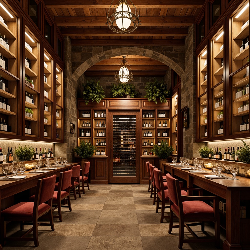 Prompt: Luxurious wine cellar, rich wooden tones, ornate metalwork, elegant lighting fixtures, temperature-controlled environment, humidification systems, wine racks, wooden crates, glass-enclosed cabinets, velvet-upholstered chairs, reclaimed wood tables, rustic stone walls, dimmed warm ambiance, soft golden lighting, 1/2 composition, realistic reflections, ambient occlusion.