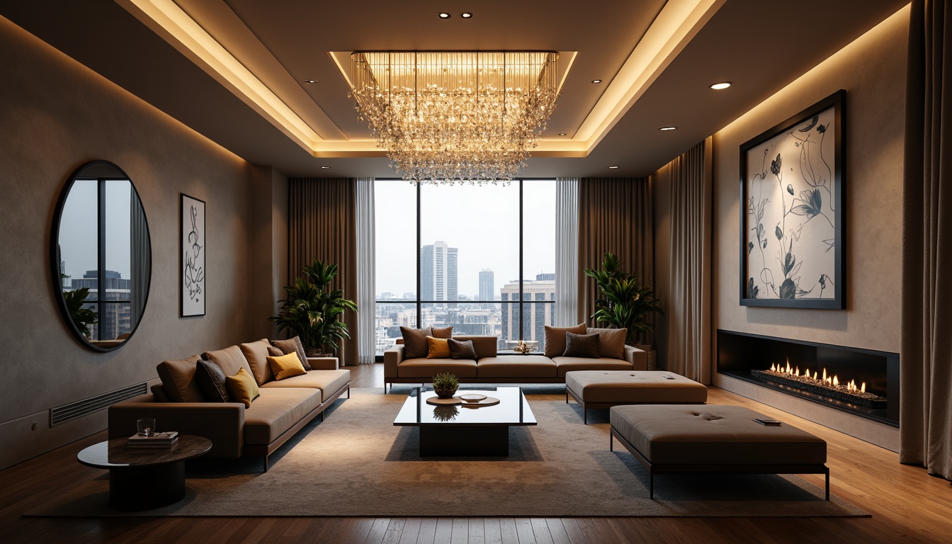 Prompt: Luxurious living room, modern chandelier, crystal droplets, ambient warm lighting, sleek metal fixtures, minimalist design, high ceilings, large windows, cityscape view, sophisticated furniture, velvet sofas, marble coffee tables, abstract artwork, floor-to-ceiling curtains, sheer drapes, subtle color palette, soft warm glow, 1/1 composition, realistic textures, shallow depth of field.