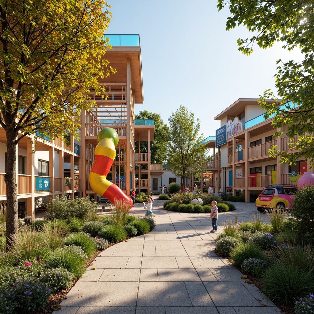 Prompt: Vibrant kindergarten playground, eclectic mix of colors, playful textures, wooden climbing structures, rope nets, suspended bridges, colorful fabric canopies, whimsical murals, educational signage, natural stone pathways, lush greenery, flower-shaped planters, bright sunlight, soft warm lighting, shallow depth of field, 3/4 composition, panoramic view, realistic textures, ambient occlusion.