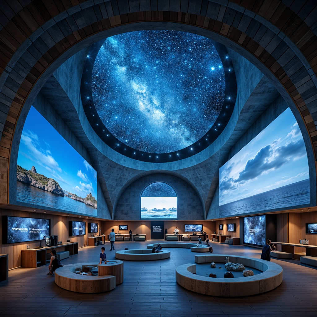 Prompt: Coastal planetarium, ocean-inspired interior, calming blue tones, natural wood accents, wavy ceiling patterns, circular seating areas, interactive exhibits, astronomical displays, projection screens, ambient LED lighting, starry night sky effects, soft warm glow, shallow depth of field, 1/2 composition, wide-angle lens, realistic textures, atmospheric fog effects, ocean soundscape, gentle sea breeze ambiance.