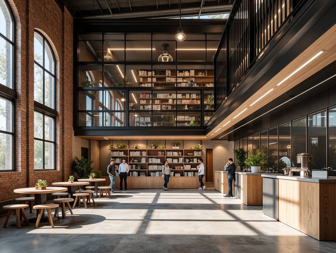 Prompt: Elegant academic distribution centers, industrial chic aesthetic, exposed brick walls, polished concrete floors, steel beams, wooden accents, modern minimalist shelving, sleek metal railings, glass partitions, natural stone countertops, reclaimed wood furniture, earthy color palette, softbox lighting, shallow depth of field, 1/2 composition, realistic textures, ambient occlusion.