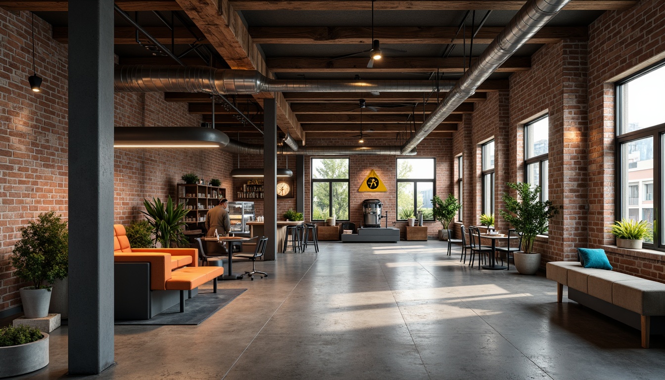 Prompt: Exposed brick walls, metal beams, industrial pipes, reclaimed wood accents, polished concrete floors, functional machinery, metallic tones, muted color scheme, earthy undertones, neutral background, pops of bright yellow, safety orange, and cobalt blue, warm task lighting, soft shadows, 1/2 composition, atmospheric perspective, realistic textures, subtle ambient occlusion.