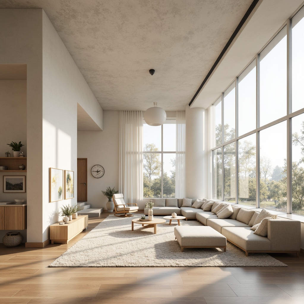 Prompt: Calming interior space, neutral color scheme, creamy whites, soft grays, beige tones, natural textures, wooden accents, minimalist decor, sleek lines, modern furniture, plush area rugs, floor-to-ceiling windows, abundant natural light, subtle shadows, 1/1 composition, soft focus, realistic rendering, ambient lighting.