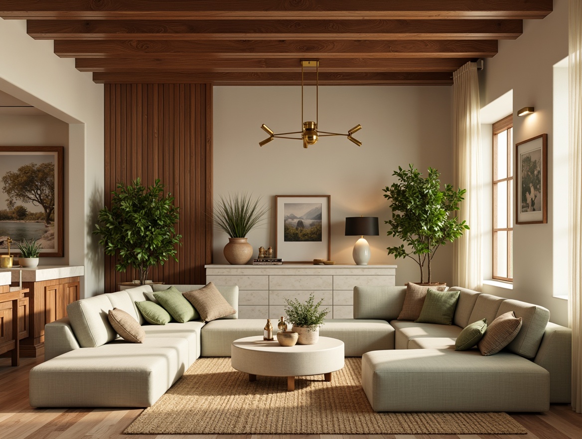 Prompt: Cozy living room, warm beige walls, rich walnut wood accents, soft sage green furniture, creamy white marble countertops, natural jute rug, golden brass lighting fixtures, earthy terracotta vases, lush green potted plants, calming atmosphere, warm afternoon sunlight, shallow depth of field, 1/1 composition, realistic textures, ambient occlusion.