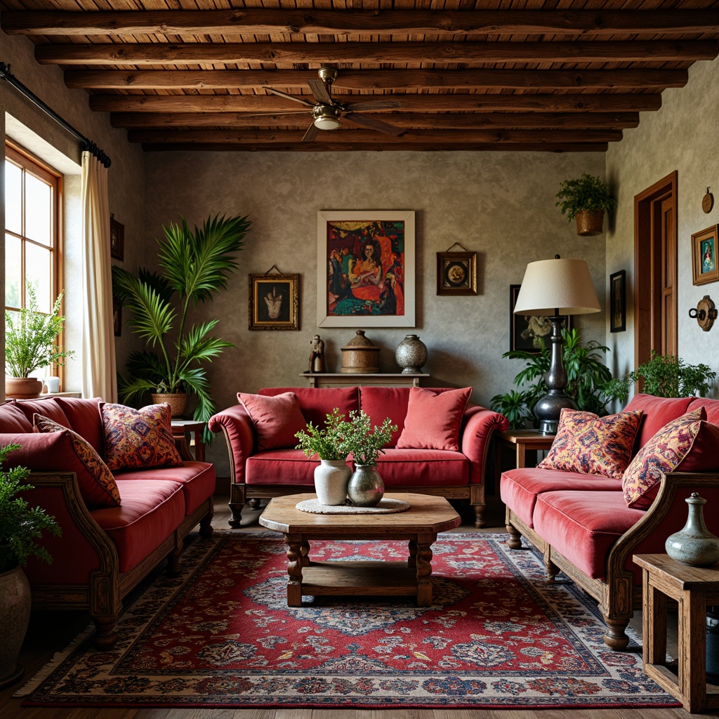 Prompt: Vibrant bohemian living room, rich velvet fabrics, ornate wooden furniture, eclectic art pieces, colorful Moroccan tiles, plush area rugs, metallic lanterns, lush greenery, natural stone walls, distressed wood accents, warm candlelight, shallow depth of field, 1/2 composition, realistic textures, ambient occlusion.