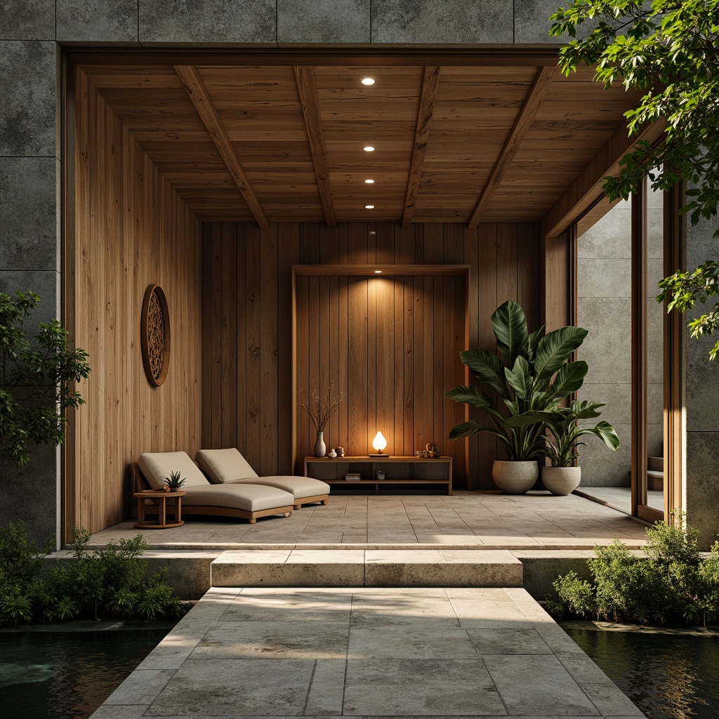 Prompt: Serenity temple, natural stone walls, wooden accents, minimalist decor, subtle lighting, peaceful ambiance, grand entrance, symmetrical composition, calming water features, lush greenery, subtle aromas, soft warm glow, shallow depth of field, 3/4 composition, panoramic view, realistic textures, ambient occlusion, sacred symbols, gentle curves, harmonious proportions, simplistic elegance.