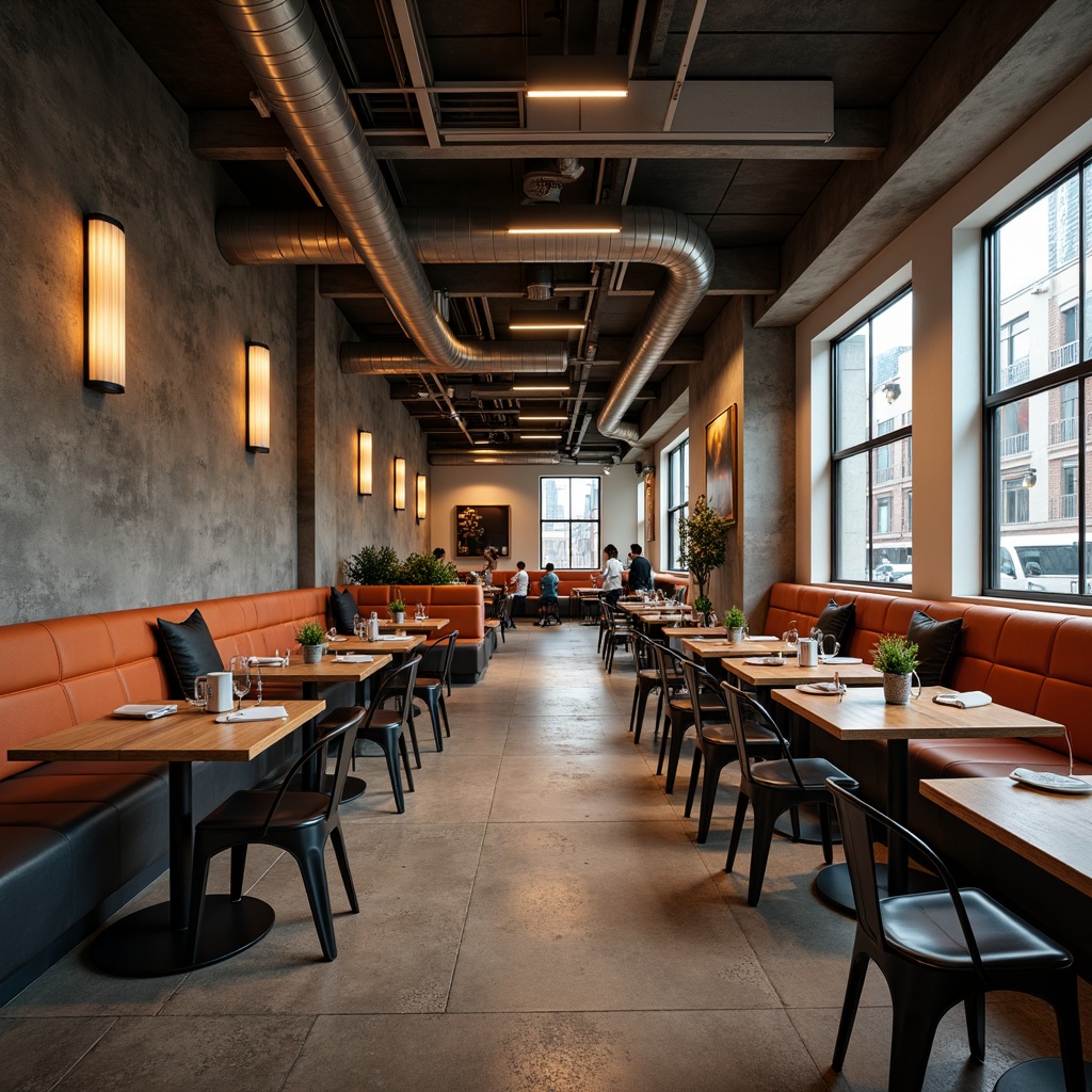 Prompt: Modern minimalist restaurant interior, sleek metal chairs, wooden tables, bold color accents, industrial-style lighting fixtures, polished concrete floors, exposed ductwork, urban loft atmosphere, bustling city sounds, soft warm glow, shallow depth of field, 1/1 composition, realistic textures, ambient occlusion.