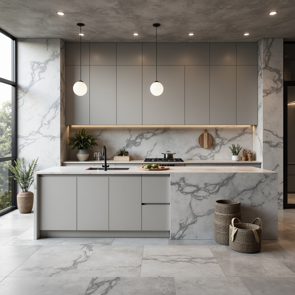 Prompt: Minimalist kitchen, sleek flooring, light gray tones, matte finish, concrete texture, industrial chic aesthetic, polished marble surfaces, subtle veining patterns, soft warm lighting, 1/1 composition, shallow depth of field, realistic reflections, ambient occlusion.