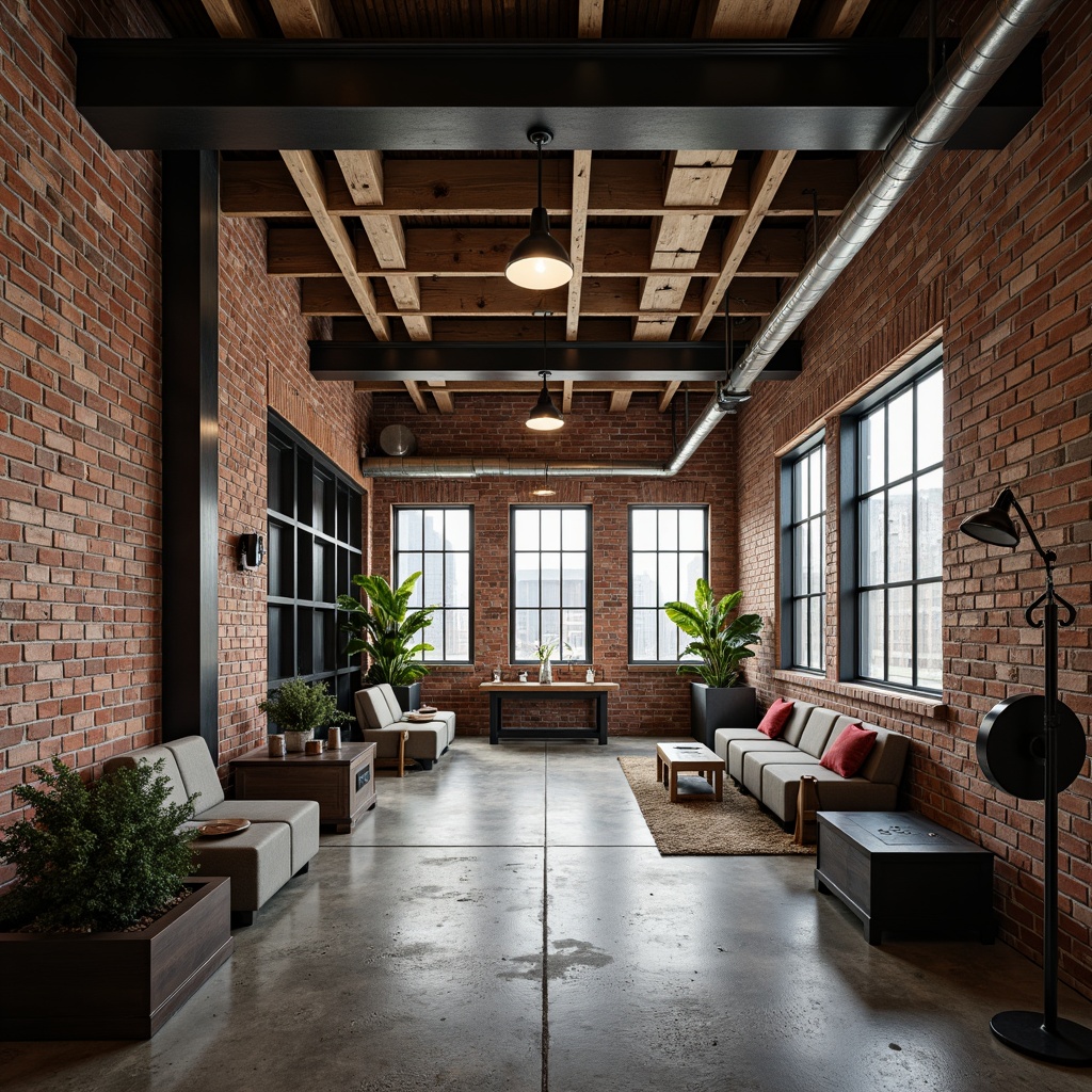 Prompt: Exposed brick walls, metal beams, reclaimed wood accents, urban loft atmosphere, industrial-style lighting fixtures, distressed concrete floors, vintage machinery parts, functional pipes, modern minimalist decor, eclectic mix of textures, neutral color palette, natural light pouring in, shallow depth of field, 3/4 composition, gritty realistic rendering, subtle ambient occlusion.