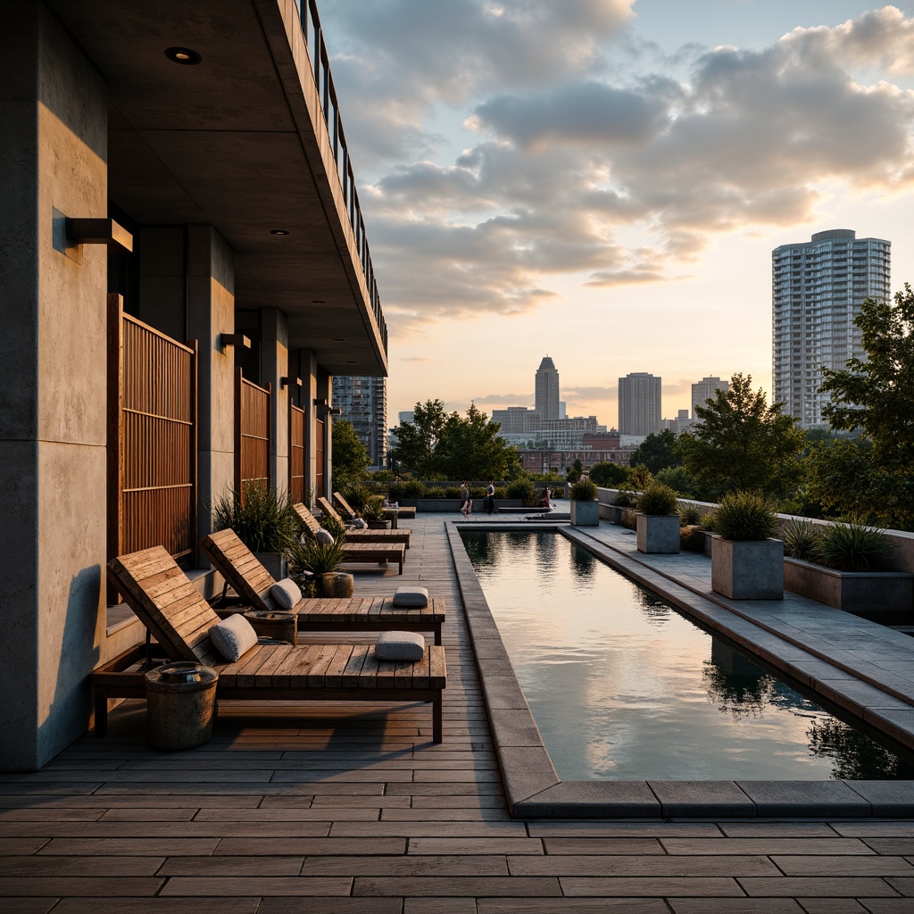 Prompt: Rustic wooden deck, reclaimed metal accents, exposed concrete walls, industrial-style lighting fixtures, distressed wood lounge chairs, metal frame benches, vintage-inspired diving boards, antique bronze pool accessories, concrete pavers, urban landscape surroundings, dramatic cityscape views, warm sunset ambiance, softbox lighting, shallow depth of field, 2/3 composition, cinematic atmosphere, realistic textures, ambient occlusion.