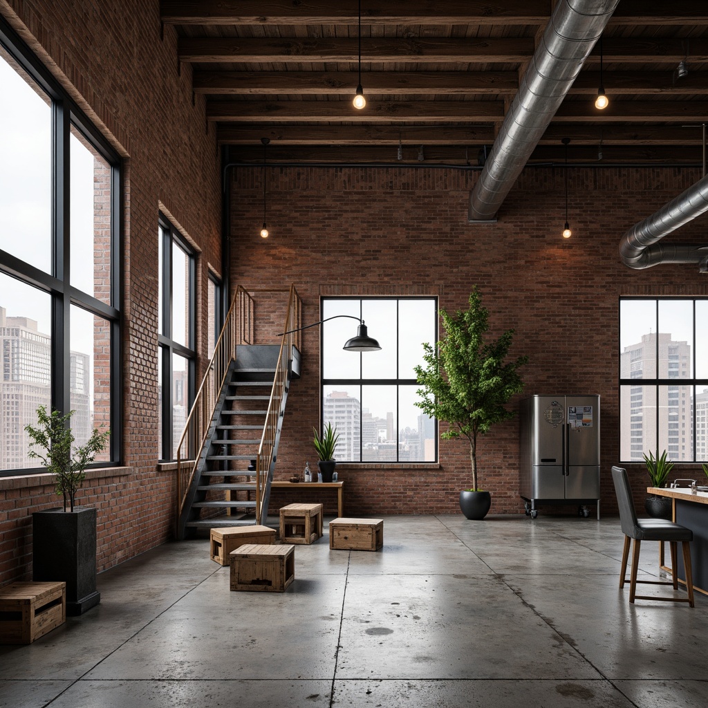 Prompt: Exposed brick walls, metal beams, reclaimed wood accents, industrial-style lighting fixtures, distressed concrete floors, urban cityscape views, converted warehouse buildings, modern minimalist decor, functional metal staircases, Edison bulb pendant lights, rustic wooden crates, vintage manufacturing equipment, exposed ductwork, polished steel surfaces, neutral color palette, high ceilings, open floor plans, natural textures, atmospheric misty lighting, shallow depth of field, 2/3 composition, realistic reflections.