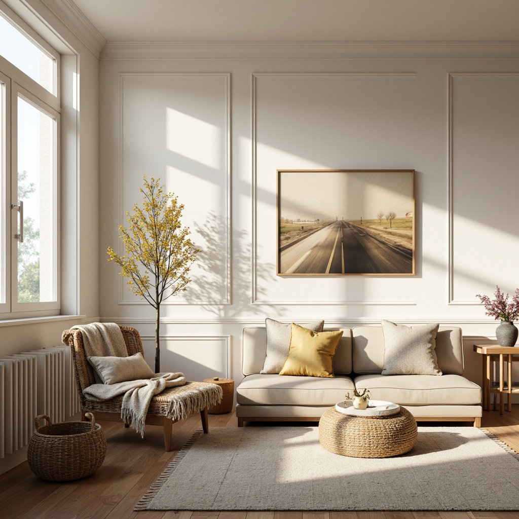 Prompt: Light-filled Scandinavian living room, cream-colored walls, wooden accents, minimal ornamentation, cozy textiles, plush throw blankets, woven baskets, natural fiber rugs, earthy tone color palette, soft warm lighting, shallow depth of field, 1/2 composition, realistic wood grain textures, ambient occlusion, subtle shadows, calm atmosphere.