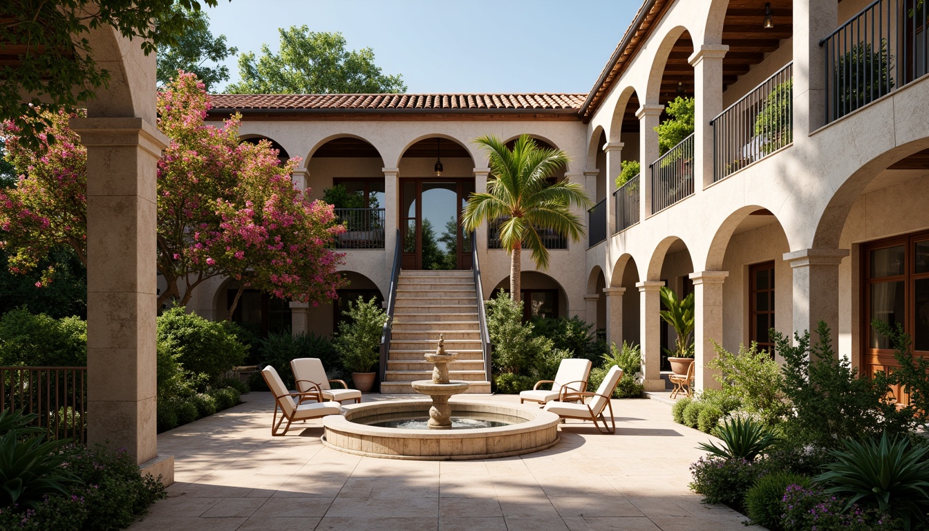 Prompt: Serene Mediterranean courtyard, lush greenery, vibrant bougainvillea, ornate fountains, grand staircases, arched colonnades, rustic stone walls, clay roof tiles, wooden accents, wrought iron balconies, sunny day, soft warm lighting, shallow depth of field, 3/4 composition, panoramic view, realistic textures, ambient occlusion, spacious atriums, natural ventilation systems, earthy color palette, elegant archways, sophisticated office spaces.