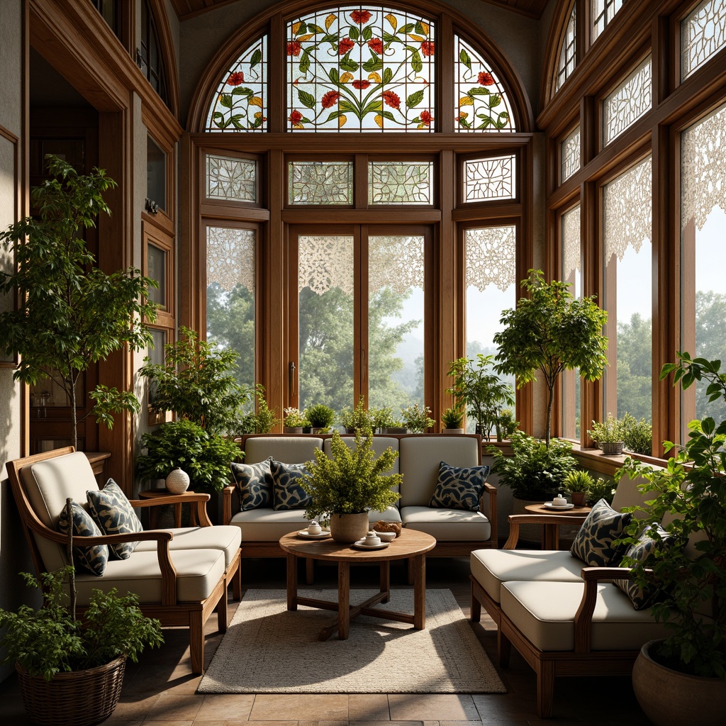 Prompt: Elegant sunroom, ornate wooden frames, stained glass windows, intricate Victorian patterns, lush greenery, floral arrangements, delicate lace curtains, soft warm lighting, shallow depth of field, 3/4 composition, panoramic view, realistic textures, ambient occlusion, refined metalwork, ornamental hinges, subtle color palette, natural stone flooring, plush velvet furnishings, antique decorative accents, rich wood tones, sophisticated architectural details.