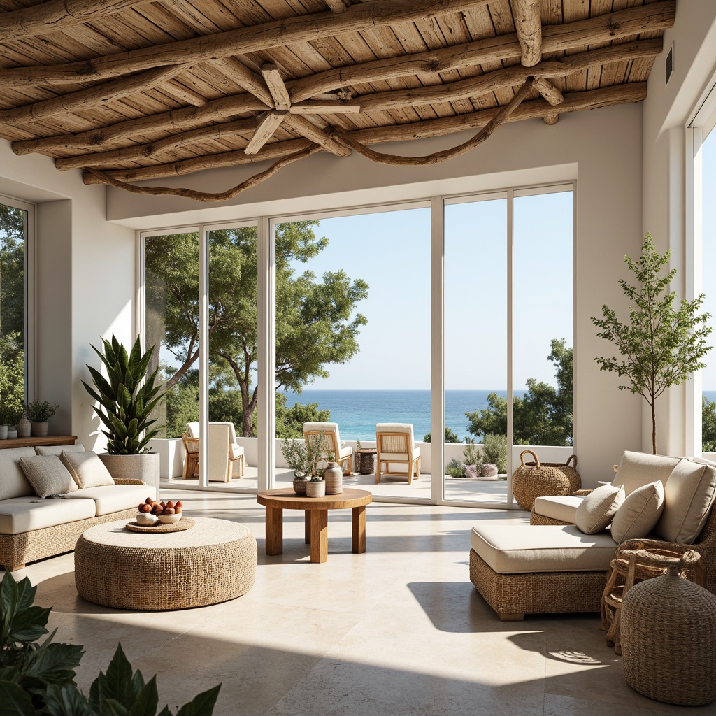 Prompt: Seaside open space, coastal vibe, natural textures, driftwood accents, woven rattan furniture, plush cushions, ocean-inspired color palette, soft sandy tones, calming blue hues, nautical rope details, potted palm trees, glass doors, large windows, minimalist decor, airy atmosphere, sunny day, soft warm lighting, shallow depth of field, 3/4 composition, panoramic view, realistic textures, ambient occlusion.