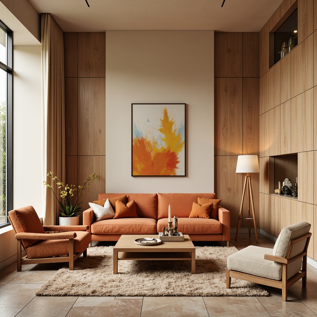 Prompt: Vibrant living room, bold modern furniture, rich wood accents, creamy beige walls, soft pastel hues, velvety textures, metallic gold decor, dramatic floor lamps, plush area rugs, natural stone flooring, earthy tone ceramics, warm ambient lighting, 1/1 composition, realistic reflections, subtle color gradients.