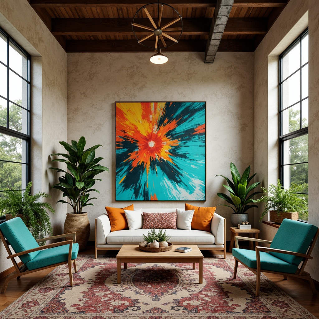 Prompt: Vibrant artistic studio, eclectic bohemian decor, rich jewel tones, bold turquoise accents, creamy whites, warm beige textures, abstract expressionist artwork, reclaimed wood furniture, industrial metal lighting, lush greenery, natural stone walls, floor-to-ceiling windows, soft diffused light, 1/1 composition, realistic renderings, ambient occlusion.