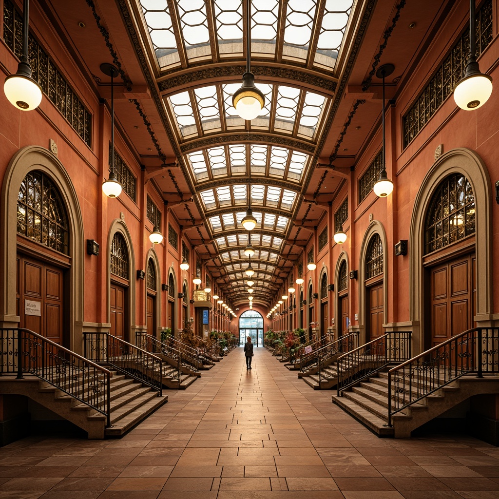 Prompt: Vibrant metro station, ornate entrances, geometric ironwork, luxurious chandeliers, terracotta tiles, chrome accents, curved staircases, grand archways, ornamental railings, bronze statues, marble floors, Art Deco patterns, metallic mosaics, warm golden lighting, shallow depth of field, 1/2 composition, symmetrical view, realistic textures, ambient occlusion.