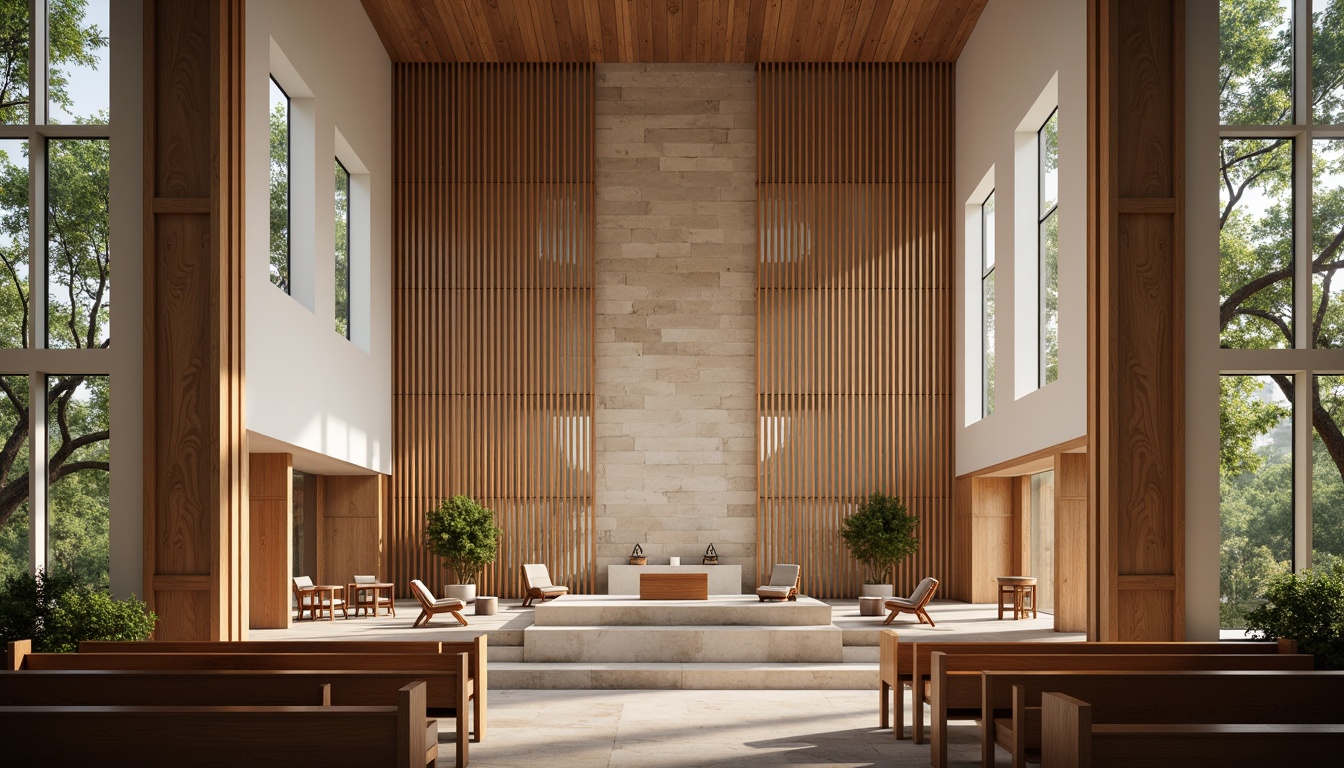 Prompt: Modern church interior, minimalist altar, neutral color palette, natural stone flooring, wooden accents, stained glass windows, subtle lighting, ambient shadows, 3D textures, intricate patterns, geometric motifs, sacred symbols, spiritual ambiance, serene atmosphere, soft warm glow, shallow depth of field, realistic renderings.