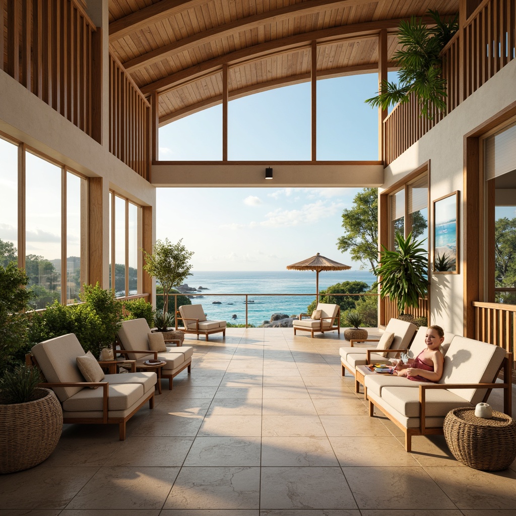 Prompt: Soft warm lighting, calming ocean views, natural wood accents, sea-inspired color palette, driftwood furniture, nautical-themed decorative elements, minimal ornamentation, comfortable waiting areas, gentle curves, soft blues and whites, relaxing ambiance, coastal scenery prints, large windows, sliding glass doors, outdoor seating areas, lush greenery, tropical plants, warm beige stone floors, calming sound of waves, shallow depth of field, 3/4 composition, panoramic view, realistic textures, ambient occlusion.