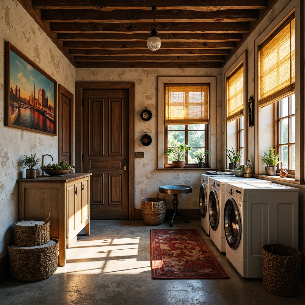 Prompt: Vibrant laundry room, eclectic expressionist decor, distressed wood accents, rough-hewn stone walls, rusty metal fixtures, warm golden lighting, soft focus blur, shallow depth of field, 1/1 composition, candid snapshot aesthetic, imperfect textures, faded pastel hues, vintage washing machines, woven wicker baskets, plush area rugs, ornate wooden cabinetry, rich velvet drapes, abstract expressionist artwork, bold brushstroke patterns.