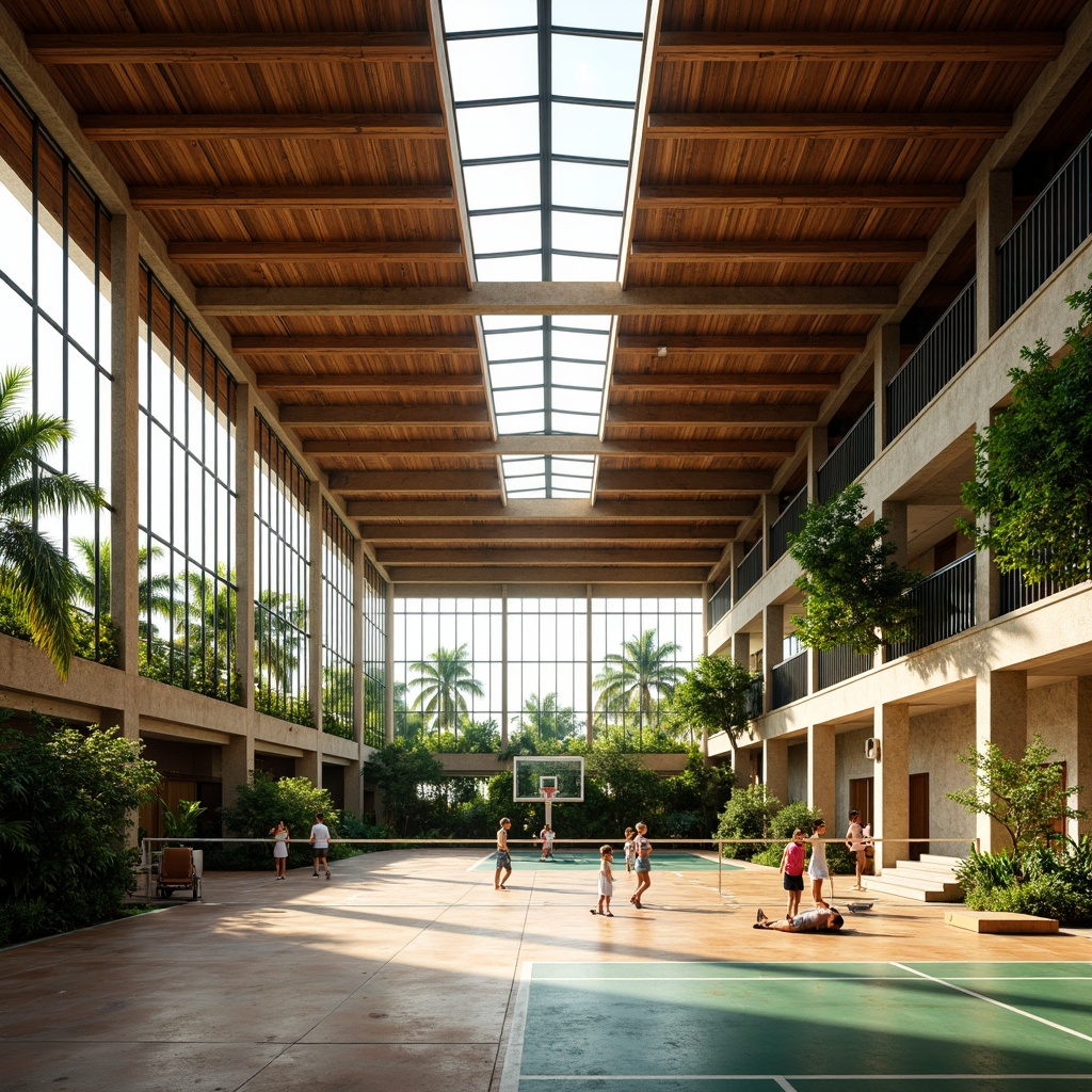 Prompt: Tropical gymnasium, high ceilings, large windows, natural ventilation, wooden accents, vibrant colors, lush greenery, palm trees, warm lighting, soft shadows, shallow depth of field, 1/1 composition, realistic textures, ambient occlusion, athletic equipment, basketball hoops, tennis courts, yoga mats, exercise machines, mirrors, steel beams, concrete floors, modern architecture, open spaces, cross-ventilation, wind catchers, clerestory windows, sunscreens, shading devices.