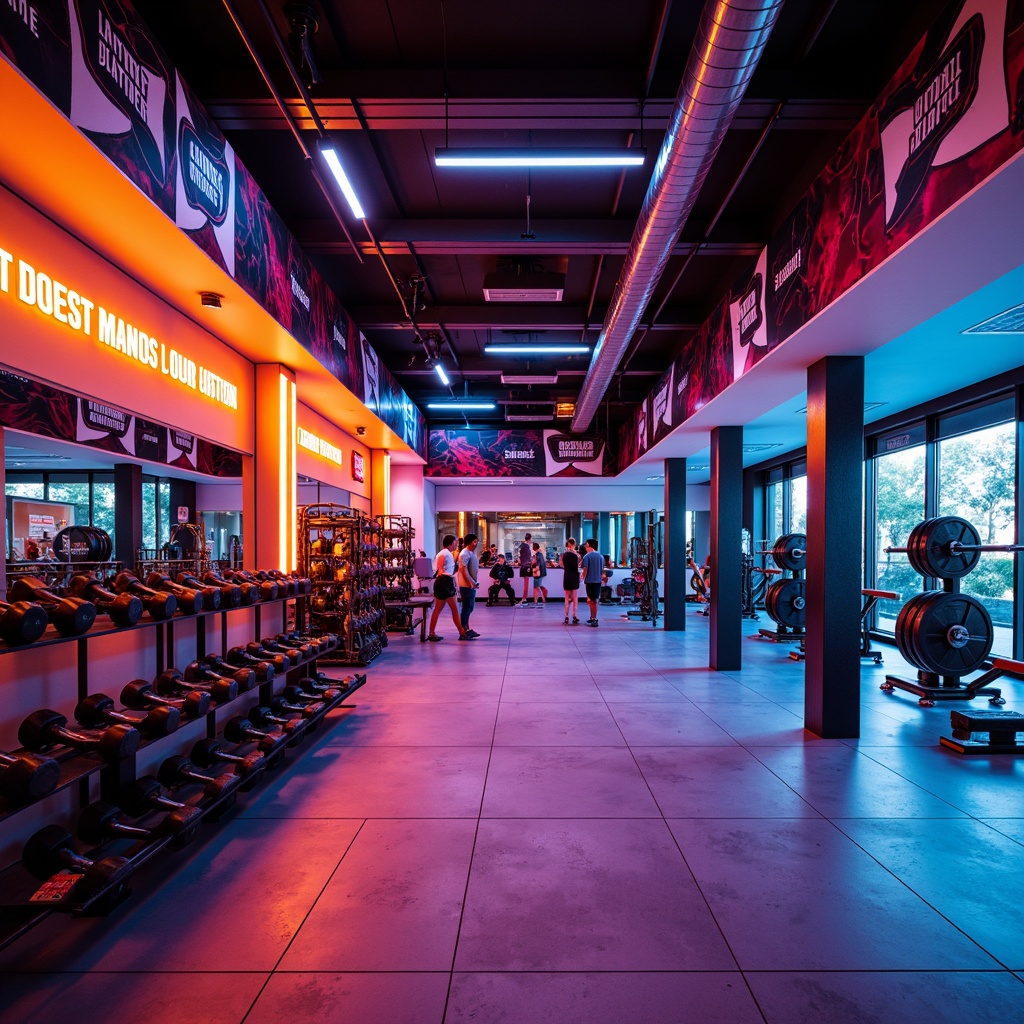 Prompt: Vibrant fitness center, dynamic workout space, energetic atmosphere, bold primary colors, contrasting secondary hues, metallic accents, industrial materials, polished concrete floors, neon-lit weights, motivational quotes, modern LED lighting, shallow depth of field, 1/1 composition, realistic textures, ambient occlusion.