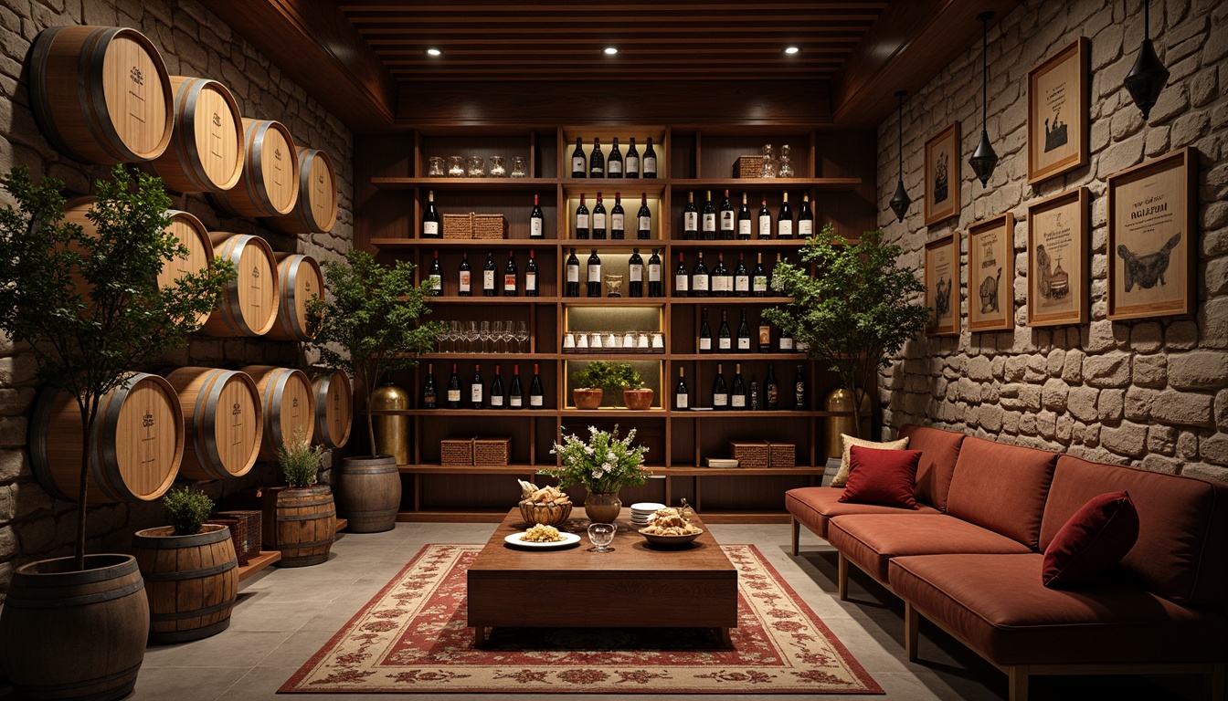 Prompt: Luxurious wine cellar, rich wood tones, stone walls, dimmed lighting, rustic wooden crates, elegant wine barrels, sophisticated glassware, leather-bound tomes, vintage wine bottles, ornate metal racks, ambient temperature control, humidity regulation, soft background music, warm color palette, cozy seating area, plush velvet sofas, reclaimed wood tables, metallic accents, subtle LED lighting, 3/4 composition, shallow depth of field.