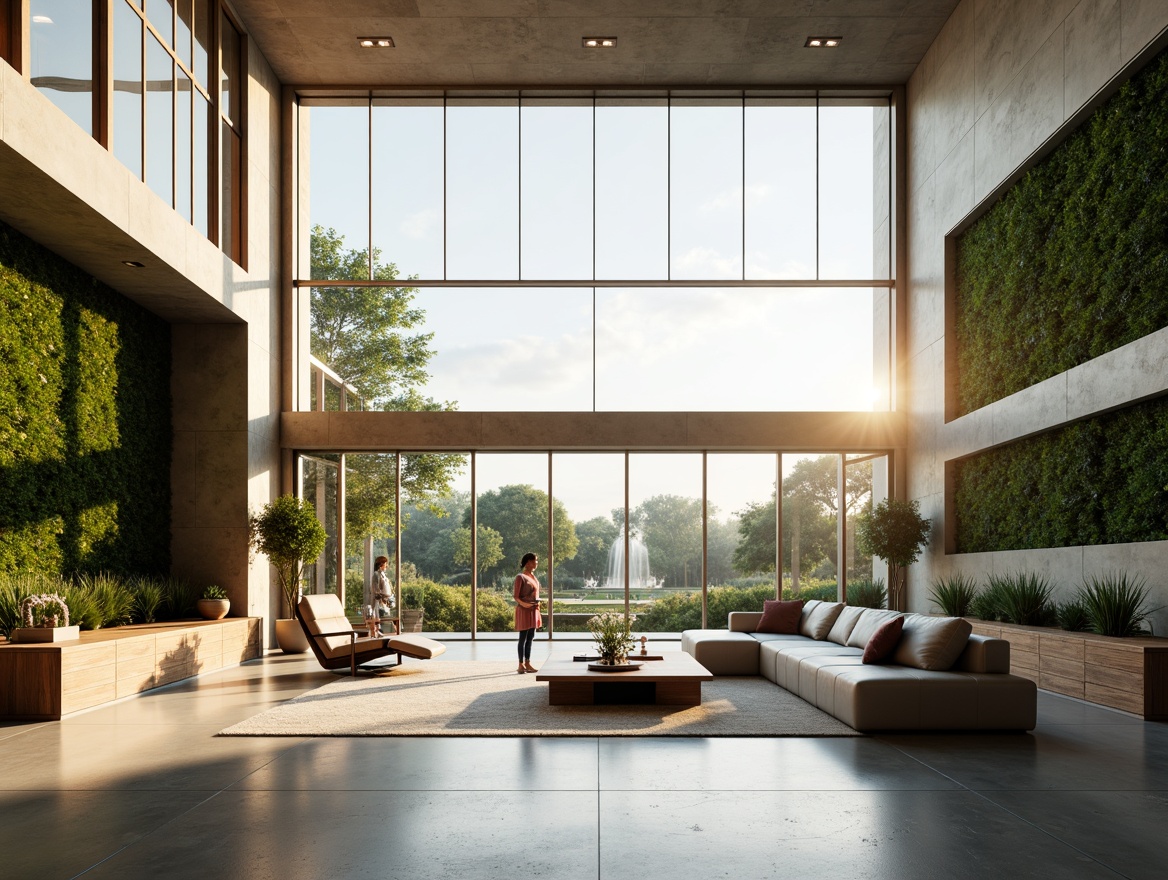 Prompt: Minimalist open-plan living room, high ceilings, floor-to-ceiling windows, natural light pouring in, sleek modern furniture, polished concrete floors, greenery walls, vertical gardens, airy atmosphere, soft warm lighting, shallow depth of field, 3/4 composition, panoramic view, realistic textures, ambient occlusion.