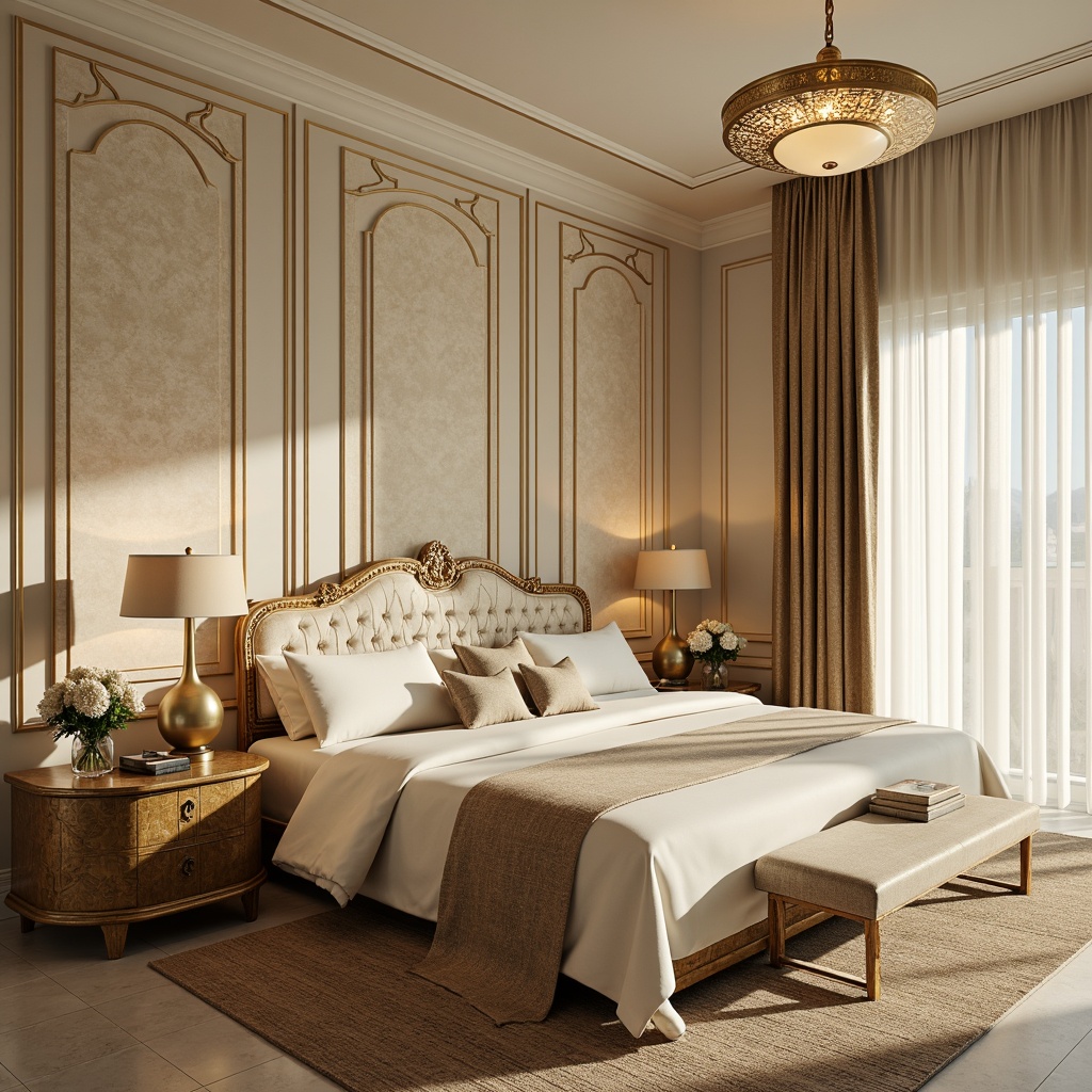 Prompt: Luxurious bedroom, Art Deco style, cream-colored walls, ornate furnishings, metallic accents, velvet upholstery, geometric patterns, intricate details, lavish textiles, warm golden lighting, soft focus, shallow depth of field, 1/1 composition, elegant atmosphere, sophisticated ambiance, rich wood tones, subtle marble textures, opulent accessories, lavish decor, refined color scheme, creamy whites, beige accents, champagne metallics.