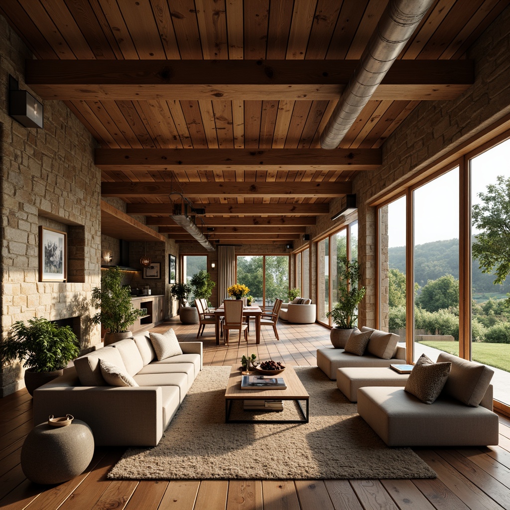 Prompt: Rustic farmhouse, open floor plan, wooden beams, exposed ductwork, natural stone walls, reclaimed wood flooring, vintage decor, cozy living areas, plush furniture, earthy color palette, warm lighting, large windows, sliding glass doors, countryside views, lush greenery, rolling hills, rural landscape, soft warm lighting, shallow depth of field, 3/4 composition, realistic textures, ambient occlusion.