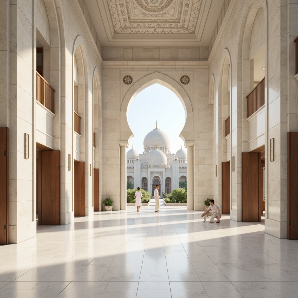 Prompt: Serenity-filled mosque, minimalist architecture, clean lines, simplicity, white marble floors, subtle lighting, soft shadows, peaceful atmosphere, natural stone walls, wooden accents, geometric patterns, Islamic-inspired motifs, elegant arches, grand dome, symmetrical composition, shallow depth of field, 1/1 aspect ratio, warm color palette, gentle morning light, quiet contemplation, spiritual ambiance.