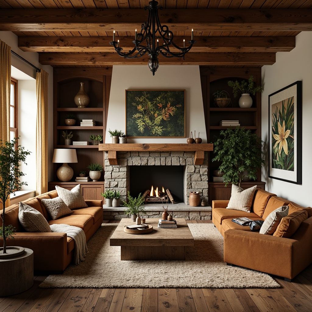 Prompt: Rustic wooden accents, earthy color palette, natural stone walls, cozy fireplace, plush furniture, woven textiles, vintage decorative items, reclaimed wood flooring, distressed finishes, warm ambient lighting, soft shadows, 1/1 composition, intimate atmosphere, authentic materials, organic shapes, eclectic decor, botanical prints, nature-inspired artwork, wooden ceiling beams, ornate metal fixtures.