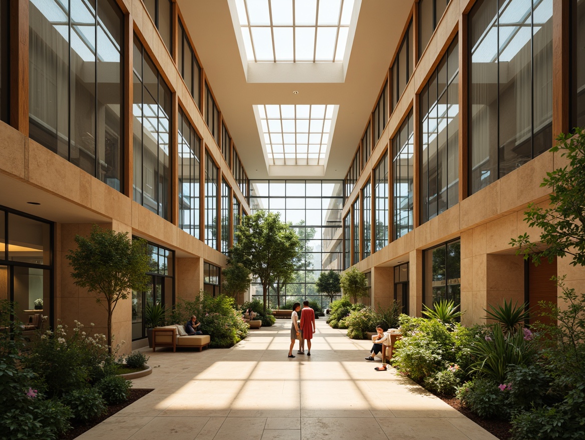 Prompt: Luxurious hotel lobby, high ceilings, floor-to-ceiling windows, transparent glass walls, reflective surfaces, minimalist decor, warm beige tones, natural stone floors, lush greenery, vibrant plants, open atrium, skylights, clerestory windows, soft warm lighting, indirect daylighting, 1/1 composition, symmetrical framing, realistic textures, ambient occlusion.