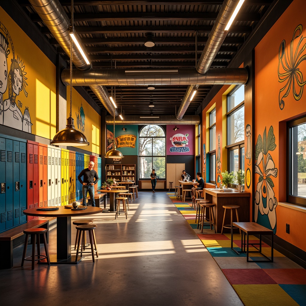 Prompt: Vibrant high school interior, expressive art deco walls, bold colorful lockers, eclectic furniture, industrial metal tables, creative lighting fixtures, pendant lamps, sputnik chandeliers, neon signs, geometric patterned floors, abstract murals, whimsical sculptures, dramatic shadows, warm golden lighting, high contrast ratio, 1/2 composition, cinematic angle, realistic reflections.