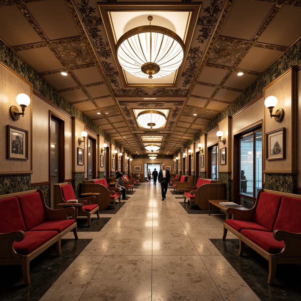 Prompt: Luxurious metro station, Art Deco style, geometric patterns, metallic accents, velvet upholstery, curved wooden benches, ornate metalwork, glossy marble floors, grand chandeliers, symmetrical compositions, soft warm lighting, high-contrast shadows, 1/1 composition, realistic textures, ambient occlusion.