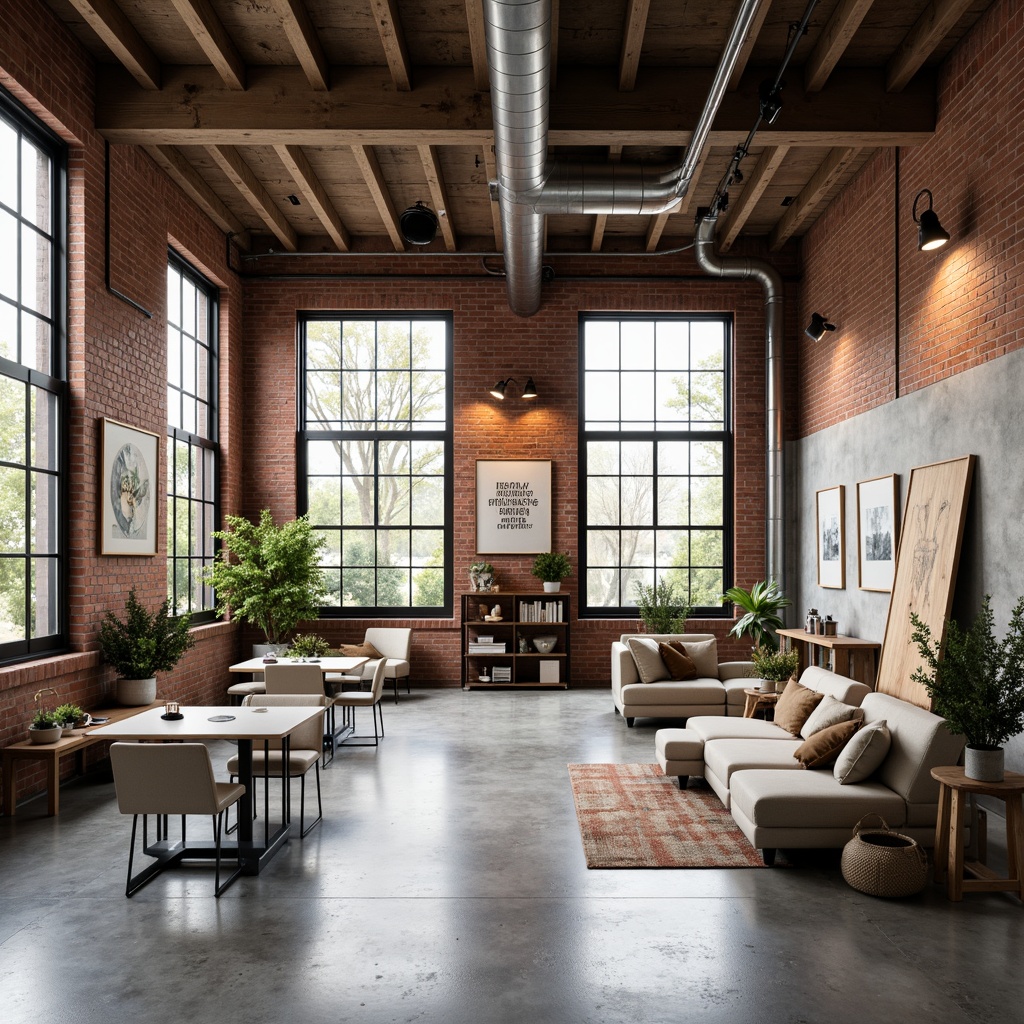 Prompt: Industrial chic art studio, exposed brick walls, polished concrete floors, high ceilings, large windows, natural light, flexible modular furniture, minimalist decor, modern track lighting, eclectic artwork displays, neutral color palette, urban loft atmosphere, open floor plan, collaborative workspaces, comfortable lounge areas, rustic wood accents, metal beams, functional shelving units, inspirational quotes, creative freedom, relaxed ambiance, soft warm lighting, shallow depth of field, 1/1 composition.