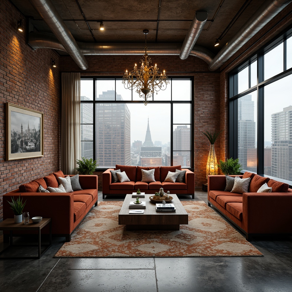 Prompt: Industrial chic loft, exposed brick walls, polished concrete floors, sleek metal beams, reclaimed wood accents, Art Deco patterns, geometric motifs, luxurious velvet sofas, rich wooden furniture, ornate metal lighting fixtures, grand chandeliers, floor-to-ceiling windows, urban cityscape views, soft warm lighting, atmospheric fog, shallow depth of field, 2/3 composition, cinematic camera angles, realistic textures, ambient occlusion.