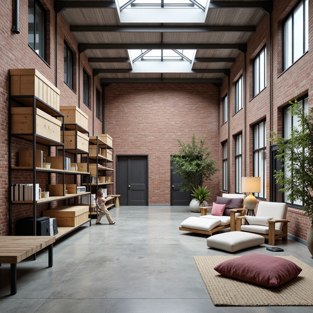 Prompt: Minimalist warehouse interior, Nordic aesthetic, exposed brick walls, polished concrete floors, high ceilings, industrial metal beams, abundant natural light, clerestory windows, skylights, open floor plan, flexible modular layout, functional storage solutions, wooden crates, metal shelving units, Scandinavian-inspired furniture, cozy reading nooks, warm ambient lighting, soft pastel colors, textured throw blankets, minimal ornamentation, 3/4 composition, shallow depth of field, realistic textures, ambient occlusion.