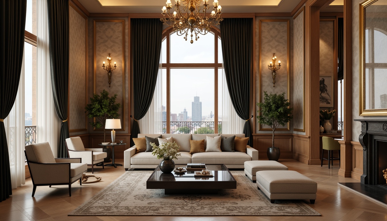 Prompt: Luxurious living room, rich velvet drapes, ornate gold frames, subtle texture wallpaper, sophisticated neutral tones, ambient soft lighting, lavish furnishings, plush area rugs, refined molding details, elegant wall sconces, statement chandeliers, floor-to-ceiling windows, panoramic city views, dramatic high ceilings, warm beige marble floors, ornamental mirrors, intricate wooden paneling, 3/4 composition, shallow depth of field, realistic textures.