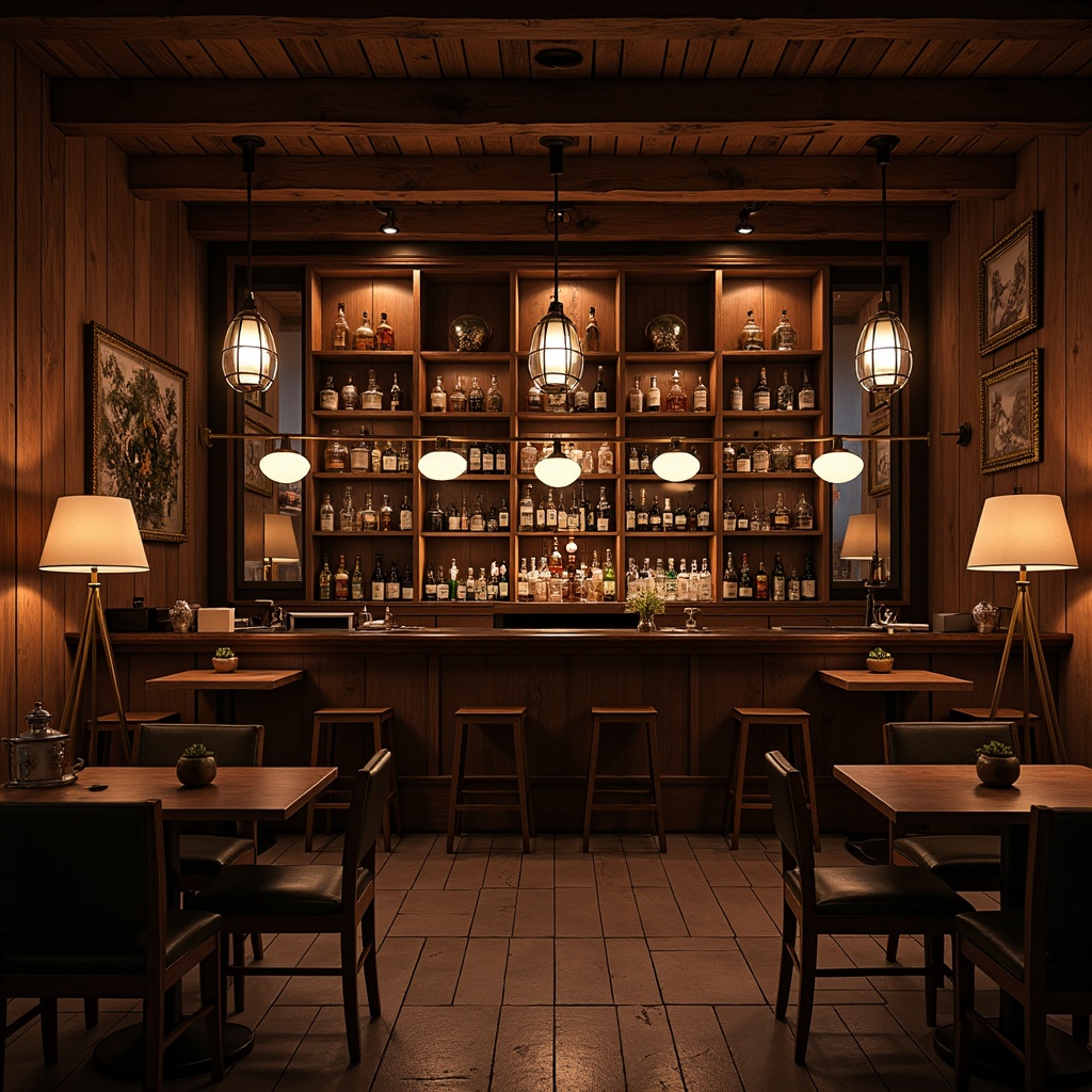 Prompt: Warm intimate home bar, rich wood tones, dimmable pendant lights, brass metal accents, frosted glass shades, soft warm glow, cozy atmosphere, comfortable seating areas, rustic wooden crates, vintage liquor bottles, ornate mirrors, metallic floor lamps, subtle color temperatures, cinematic lighting effects, dramatic shadows, 1/2 composition, low-key illumination.