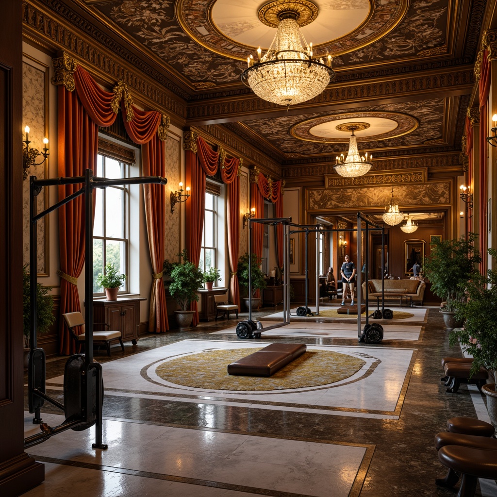 Prompt: Luxurious home gym, ornate Rococo style, gilded mirrors, intricate carvings, velvet drapes, crystal chandeliers, marble flooring, rich wood accents, baroque patterns, antique exercise equipment, leather-bound weights, lavish textiles, warm golden lighting, shallow depth of field, 1/1 composition, soft focus, realistic reflections.