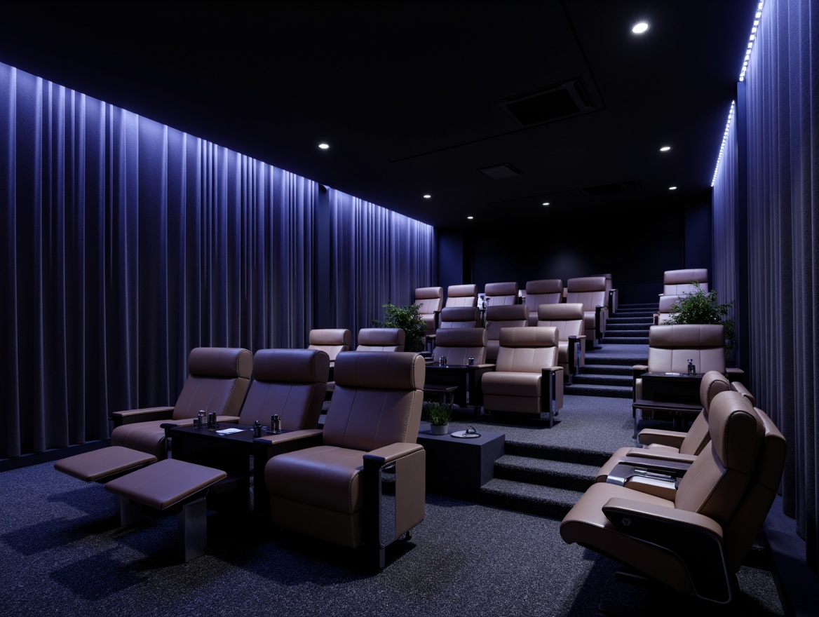 Prompt: Modern cinema seating arrangement, sleek low-profile chairs, reclining seats, premium leather upholstery, metallic legs, minimalist design, subtle ambient lighting, dark tone color scheme, soundproof acoustic panels, curved rows, staggered seating, intimate viewing experience, plush carpeting, soft lumbar support, adjustable armrests, cup holders, tray tables, USB charging ports, luxurious velvet drapes, cinematic wall murals, futuristic LED lighting, 3/4 composition, shallow depth of field, realistic textures.