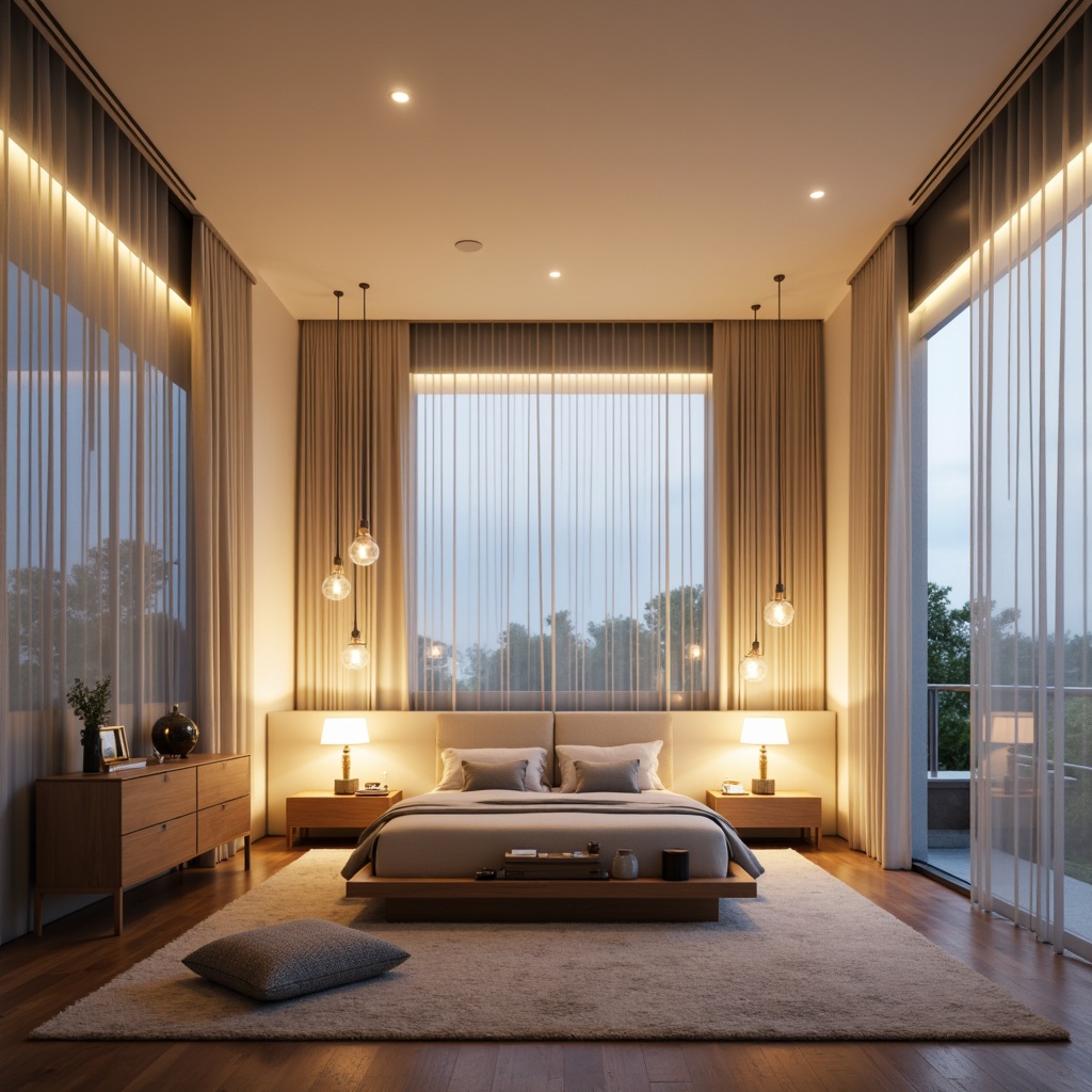 Prompt: Minimalist bedroom, soft warm glow, LED strip lights, floor-to-ceiling windows, natural daylight, sheer curtains, ambient lighting, bedside lamps, modern furniture, low-profile bedframe, plush carpets, creamy walls, elegant chandeliers, recessed ceiling lights, 1/1 composition, shallow depth of field, realistic textures, subtle color palette.