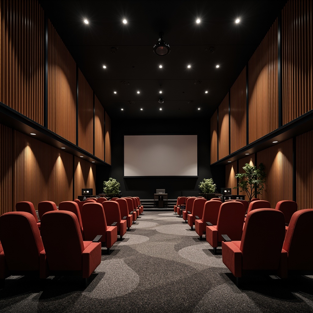 Prompt: Luxurious cinema interior, sleek modern design, sound-absorbing acoustic panels, dark rich wood accents, plush velvet seats, minimalist metal framework, subtle ambient lighting, soft diffused glow, high-ceiling open space, professional audio equipment, Dolby Atmos surround sound, cinematic screens, intricate sound wave patterns, 3D texture mapping, shallow depth of field, 1/1 composition, panoramic view, realistic reflections, ambient occlusion.