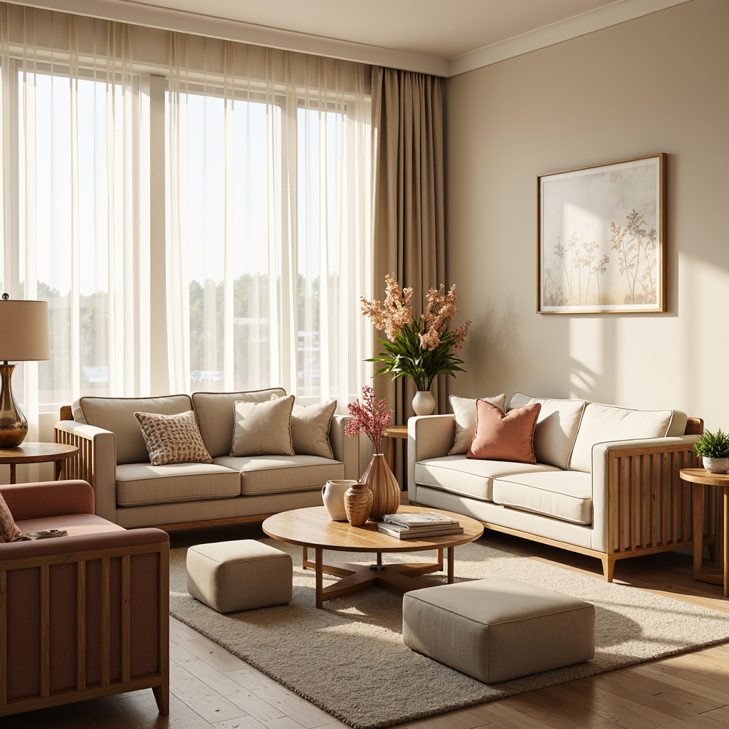 Prompt: Cozy living room, plush sofas, velvet armchairs, wooden coffee tables, floor lamps, soft carpets, pastel color palette, natural light pouring in, sheer curtains, modern minimalist decor, elegant vases, fresh flowers, warm beige walls, comfortable ottomans, ergonomic designs, sturdy oak wood frames, luxurious fabrics, subtle patterns, calming ambiance, relaxing atmosphere, 1/1 composition, softbox lighting, realistic textures, ambient occlusion.