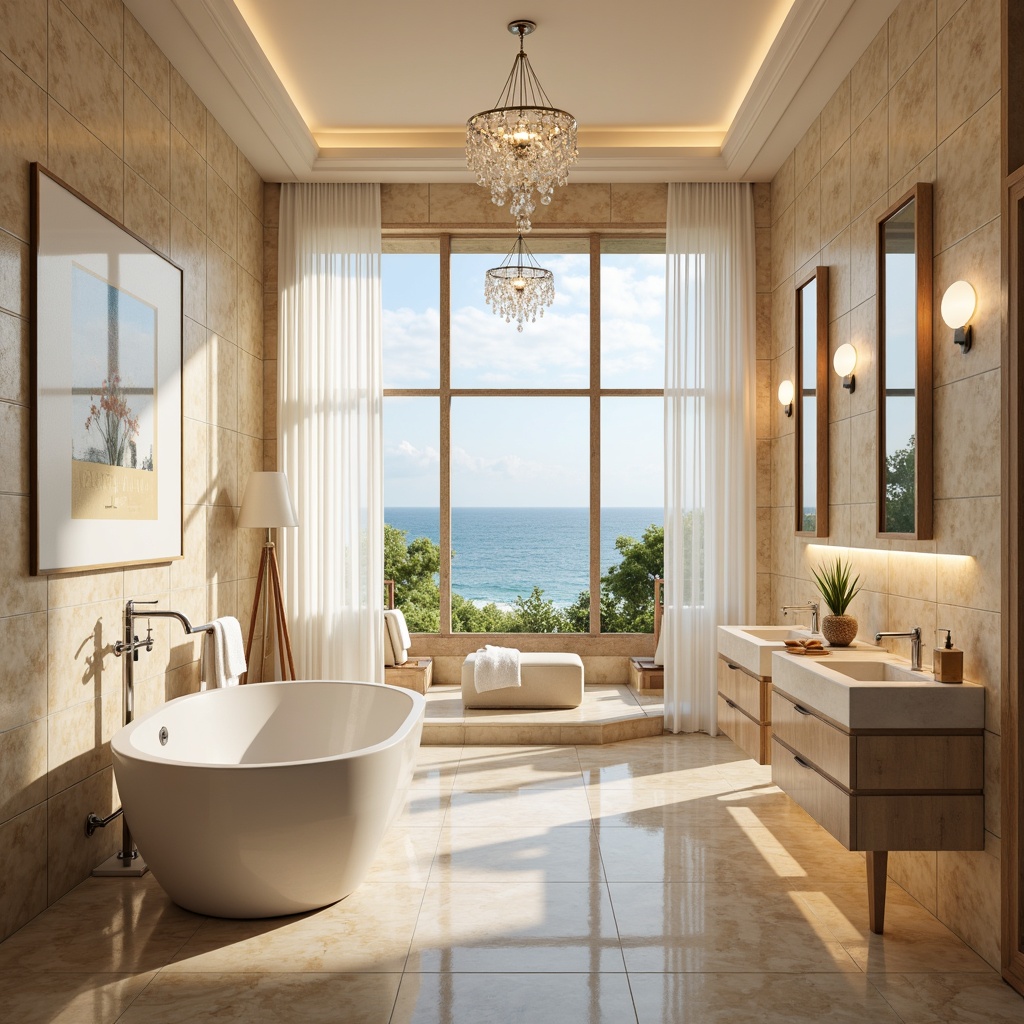 Prompt: Warm Mediterranean bathroom, soft cream-colored marble, ornate tile work, elegant freestanding tub, sleek modern fixtures, ambient warm lighting, LED strip lights, under-cabinet illumination, crystal chandeliers, natural light pouring in through large windows, sheer white curtains, ocean views, sunny day, gentle sea breeze, relaxed atmosphere, calming color palette, minimalist decor, wall-mounted faucets, glass shower doors, polished chrome accents, spa-inspired ambiance, serene water features, subtle texture variations.