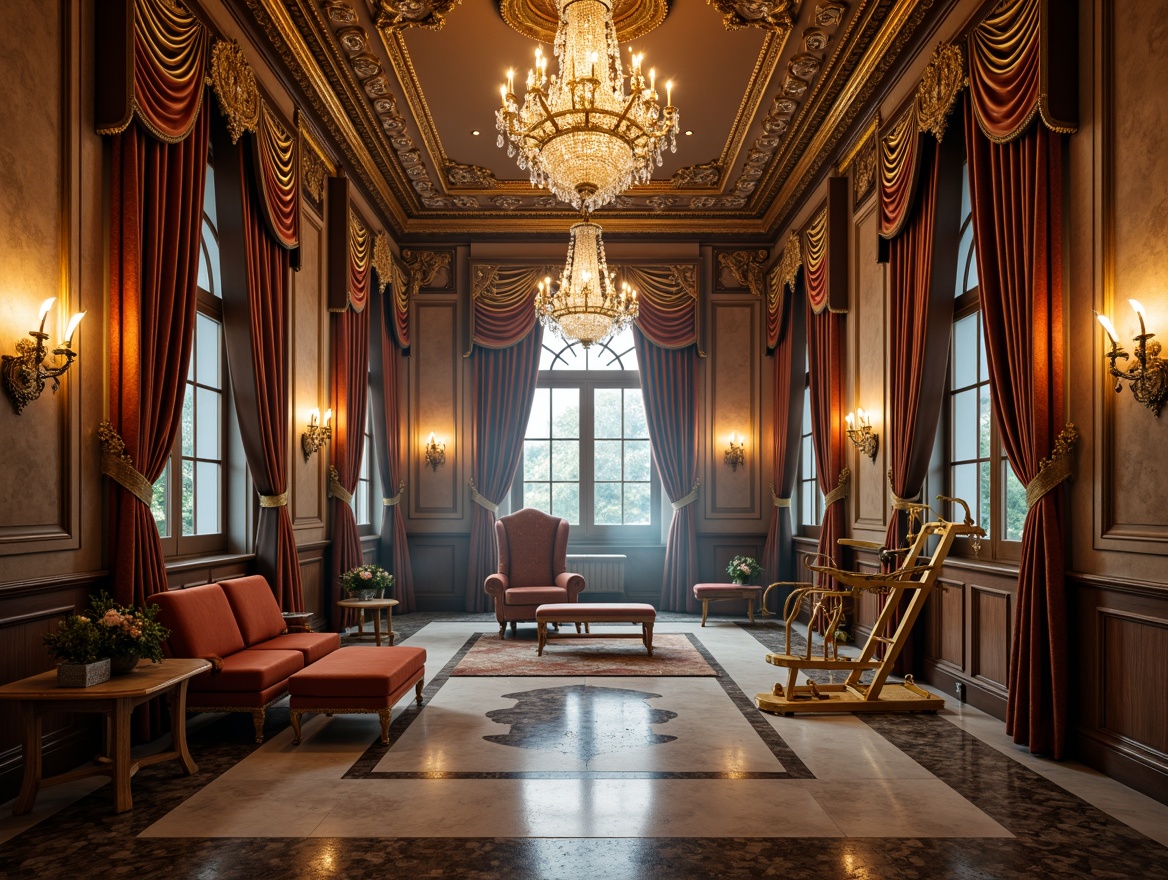 Prompt: Luxurious home gym, ornate Rococo style, gilded accents, intricate carvings, velvet drapes, crystal chandeliers, marble flooring, rich wood paneling, antique furniture, golden fitness equipment, lavish mirrors, soft warm lighting, atmospheric fog, 3/4 composition, shallow depth of field, realistic textures.