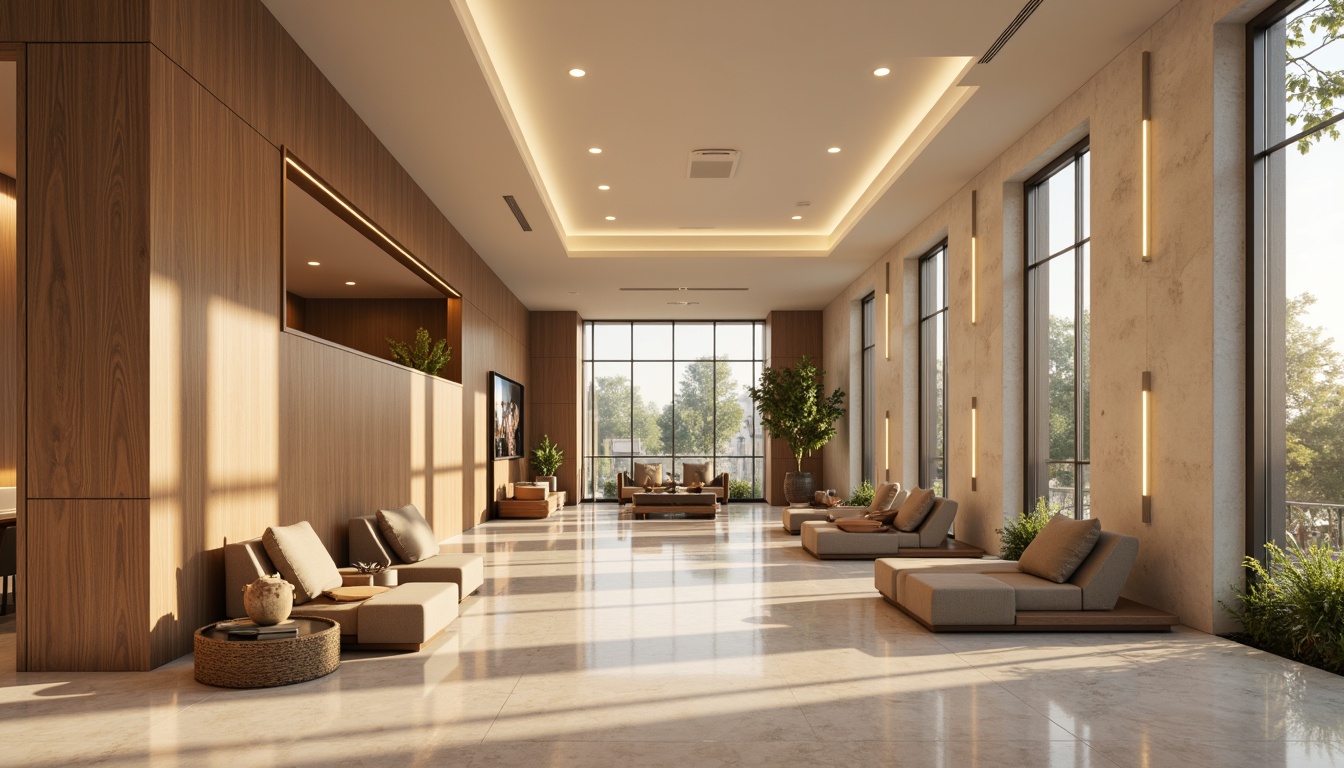 Prompt: Modern interior space, sleek furniture, warm beige walls, polished marble floors, floor-to-ceiling windows, abundant natural light, soft warm glow, pendant lamps, minimalist design, LED strip lights, recessed lighting, ambient illumination, cozy reading nooks, task-oriented lighting, functional layout, bright white ceiling, subtle texture contrasts, 1/1 composition, shallow depth of field, realistic reflections.