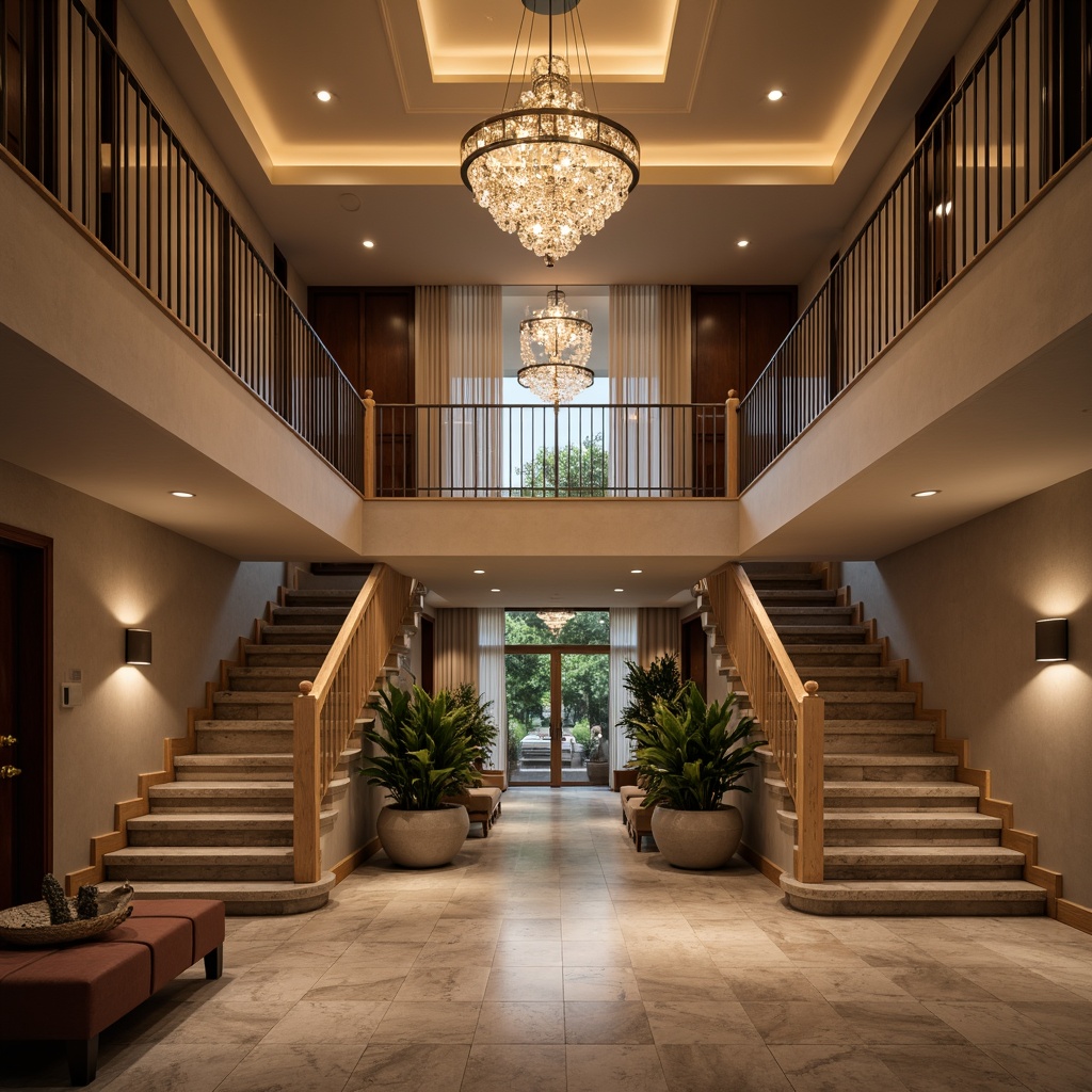 Prompt: Soft warm ambiance, elegant chandeliers, recessed LED lights, minimalist sconces, natural stone flooring, sleek metal railings, flowing staircases, spacious landings, grand foyers, luxurious textiles, rich wood accents, subtle color schemes, ambient shadows, warm glow, soft focus, 1/1 composition, realistic reflections, atmospheric lighting.